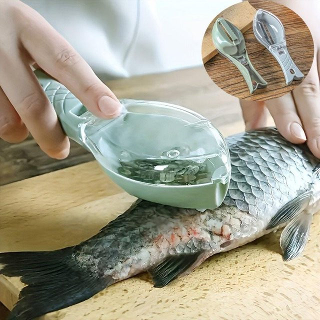 Fischschuppen Schaber und Fischhaut Bürste in Grün aus Kunststoff als praktisches Küchenwerkzeug zum schnellen Entfernen von Fischschuppen - Bild 1