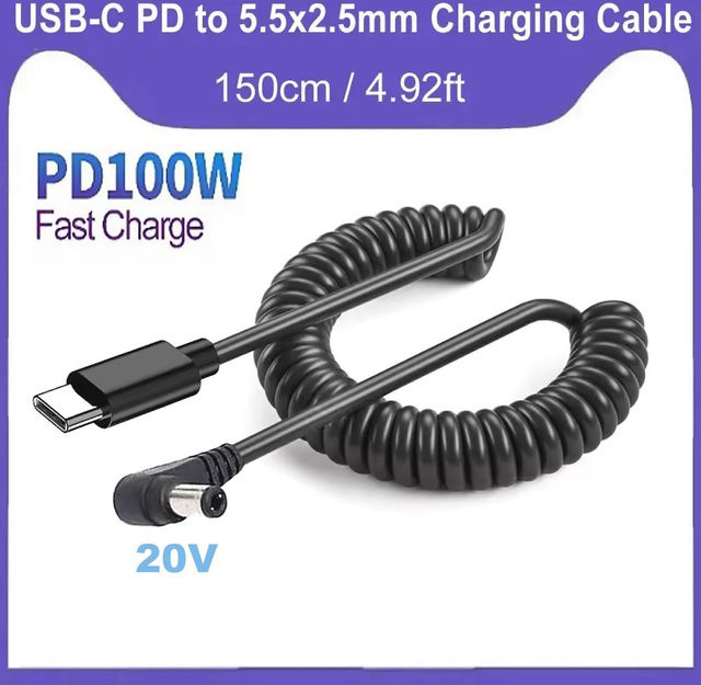 PD 100 W USB-C auf DC Ladekabel in Schwarz, Spiralkabel mit 5,5 x 2,5 mm Anschluss für Laptop-Schnellladung - Bild 1