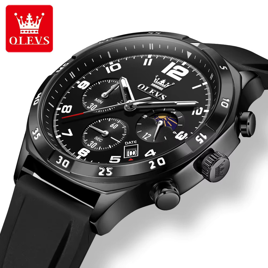 OLEVS Herrenuhr, Quarz, Mondphase, Datum, 42 mm, Silikonarmband, Schwarz - Bild 2