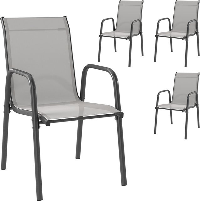 Outsunny 4er Set Gartenstühle Hellgrau, stapelbare wetterfeste Terrassenstühle mit Armlehnen und atmungsaktivem Textilene-Rücken, B/T/H: 51 x 69 x 87 cm - Bild 1