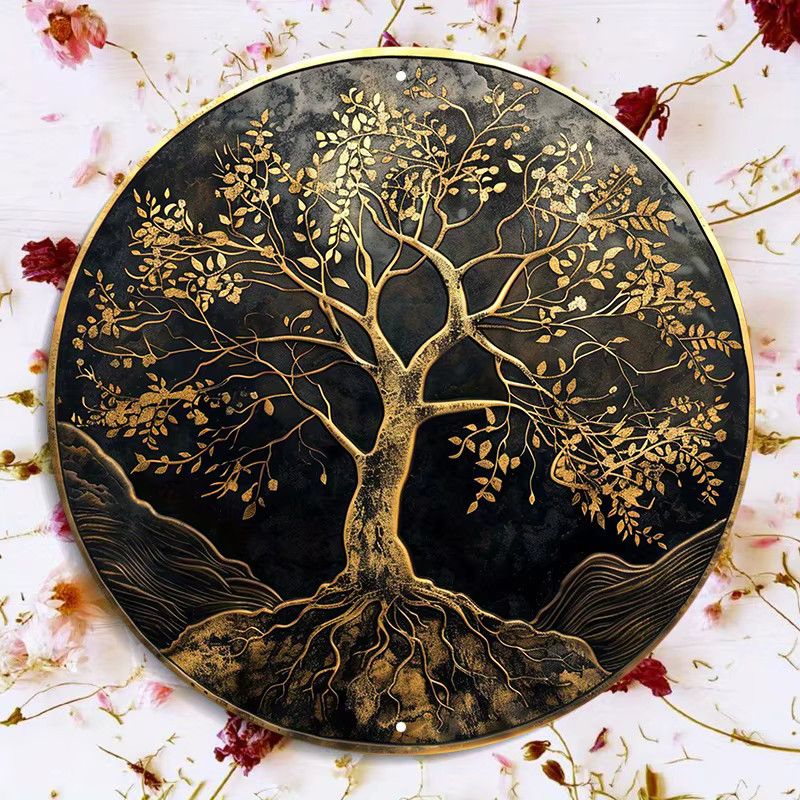 Potdemiel Aluminiumschild Baum des Lebens runde Wanddekoration, Farbe: Gold und Schwarz, Durchmesser: 20,32 cm - Bild 2