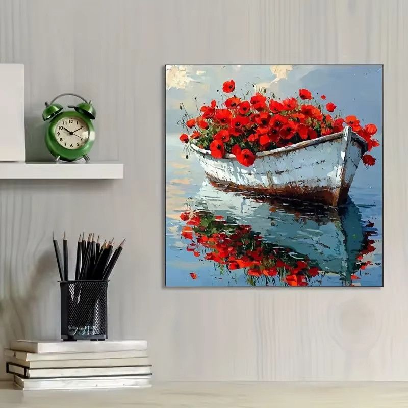 KAYOU DIY Diamantgemälde Bootslandschaft in Rot, kreisförmiges 5D Edelsteinkunst Wandbild zur Wandmontage - Bild 2