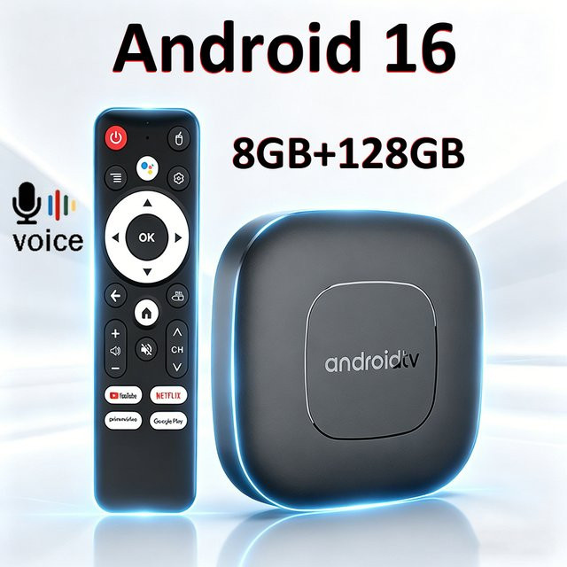 UOSU Smart TV Box T1 Android 16 Media Streamer mit 8GB RAM und 128GB Speicher, Quad Core H313, Dual WLAN, Bluetooth, Sprachassistent, Schwarz - Bild 1