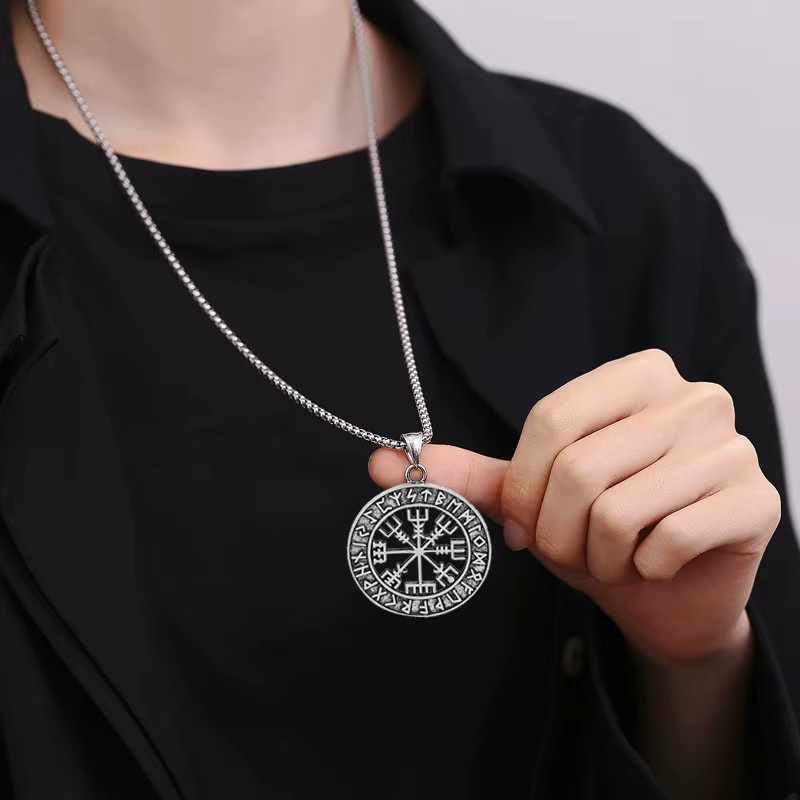 RechicGu Halskette, Kompass-Anhänger, Leder, Silber, Unisex - Bild 2