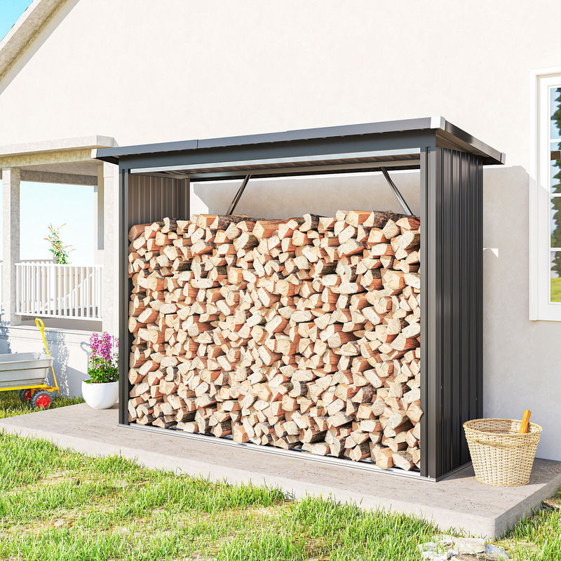 Outsunny Kaminholzregal für den Außenbereich aus Stahl mit Pultdach in Dunkelgrau, B/T/H: 213 x 66,5 x 150 cm - Bild 2