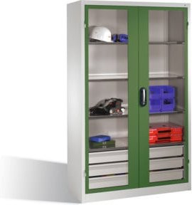 C+P Werkzeugschrank mit Sichtfenster-Drehtüren, 3 Böden und 3 Schubladen, Front Resedagrün, Korpus Lichtgrau, H: 195 cm, B: 120 cm, T: 50 cm - Bild 1