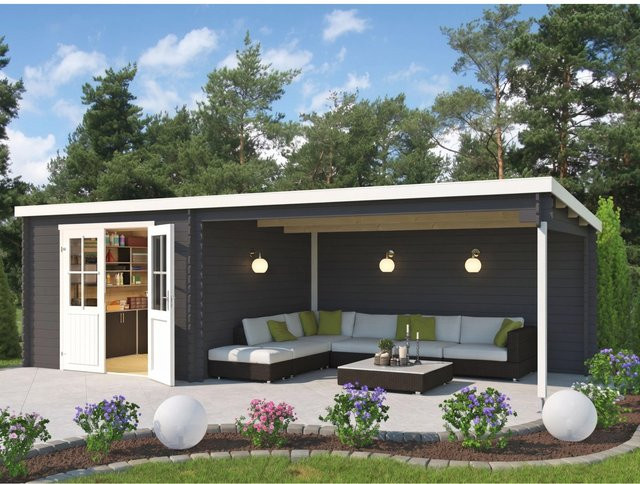 Lasita Gartenhaus St. Louis Log Cabin mit Anbaudach in Dunkelgrau, Wandstärke 28 mm, B/T/H: 695 x 309 x 211 cm - Bild 1