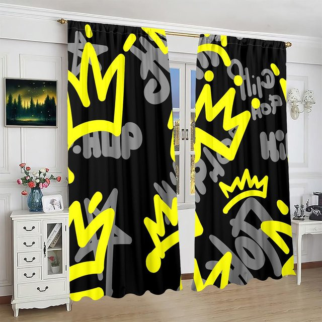 Yiran Furniture Graffiti-Kronen Druckvorhang aus Polyester, 2er-Set, Mehrfarbig, Breite: 76,2 cm, Höhe: 165,1 cm - Bild 1