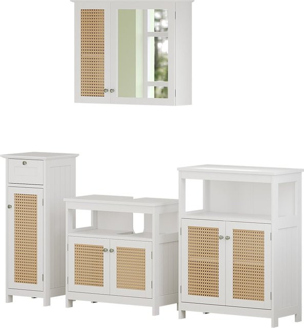 Vicco Badmöbel-Set Rosario in Weiß mit Rattan-Optik bestehend aus Spiegelschrank, Waschtischunterschrank, Midischrank und Sideboard - Bild 1