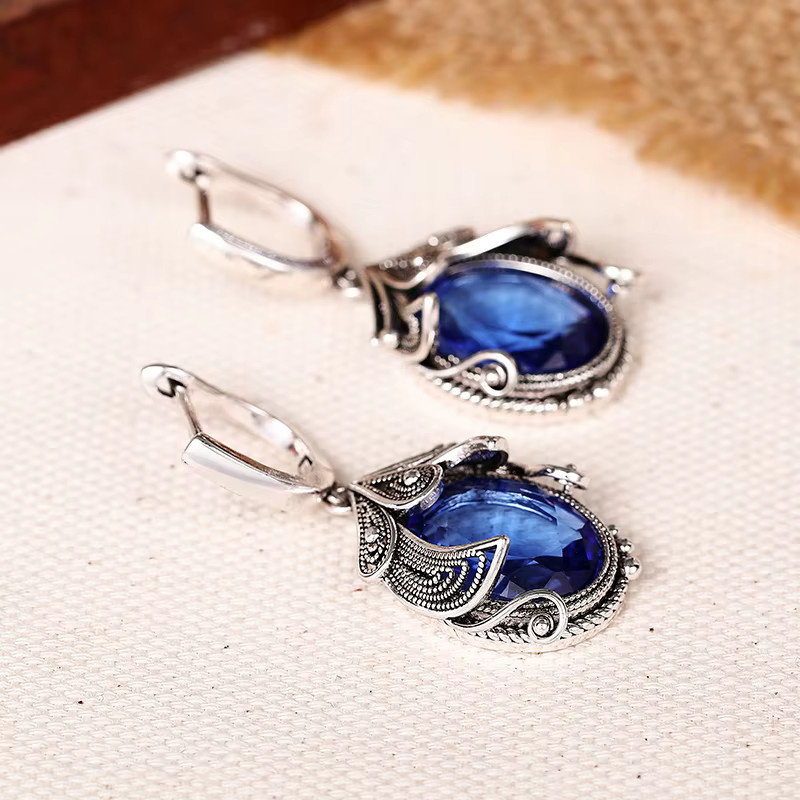 Huitan Vintage Ohrhänger, blauer Zirkonia, Antiksilberfarbe, Damen - Bild 2