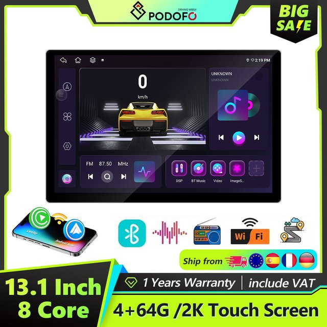 Podofo Android 8-Kern Auto-Multimedia-Player mit 13,1 Zoll Display, GPS-Navigation, Bluetooth, WLAN, 4G und Wireless Carplay sowie Android Auto in Schwarz - Bild 1