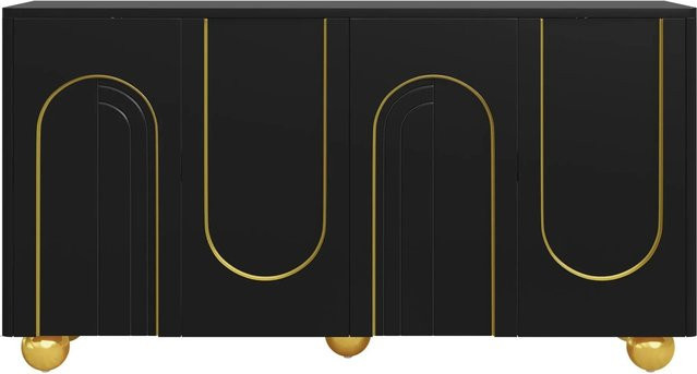Merax Sideboard mit 4 Türen in Schwarz und Gold, modernes Design mit Bogen und Metallfüßen, B/T/H: 140,0 x 40,0 x 74,0 cm - Bild 1