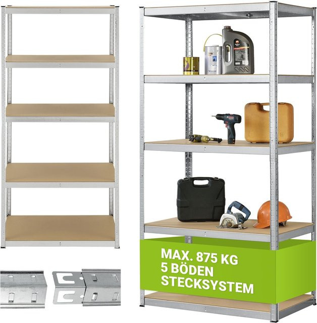 Juskys Lagerregal Basic Schwerlastregal aus verzinktem Metall in Silber, 5 Böden, H: 200 cm, B: 100 cm, T: 60 cm - Bild 1