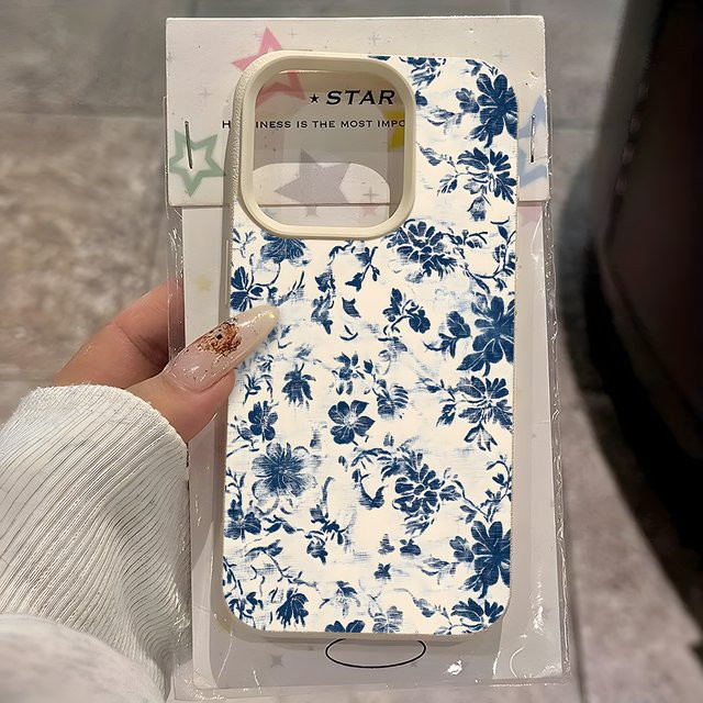 Lychee Silikonhülle mit blauem Blumenmuster für Apple iPhone Modelle, Soft-Handyhülle - Bild 1