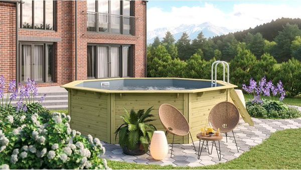Karibu Achteckiger Massivholzpool Grau inklusive Zubehör und Pool Leitern B/T/H: 470 x 470 x 124 cm
