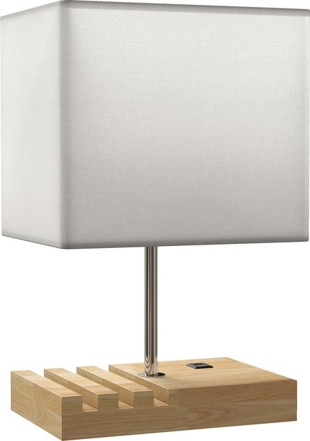 HOMCOM Tischlampe mit Massivholzfuß und Stoffschirm in Weiß und Beige, Schreibtischlampe mit E27-Fassung, USB-A und USB-C Ladeanschlüssen sowie Handyhaltern für Schlafzimmer und Wohnzimmer - Bild 1