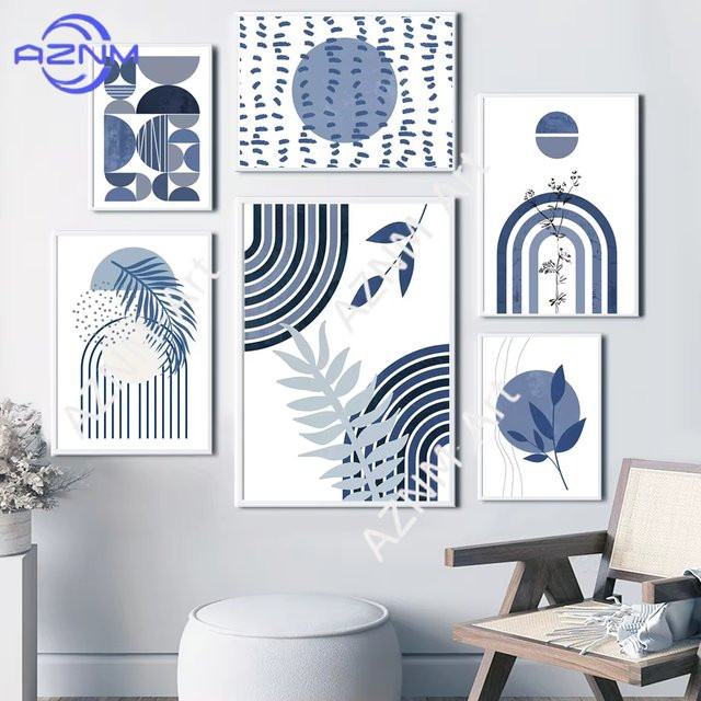 AZNM Boho Wandkunst Leinwanddruck Marineblau Abstrakt Sonne Mond und Pflanzen Poster zur Raumdekoration - Bild 1