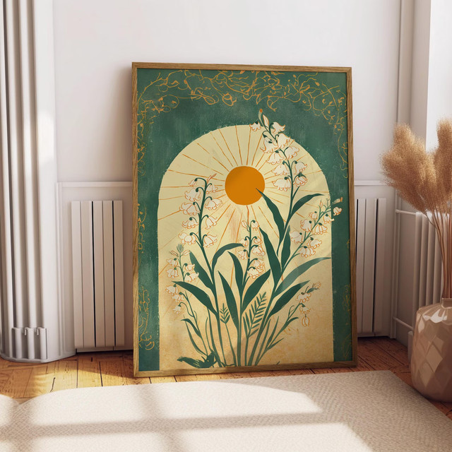 SHENCHEN Kunstposter Maiglöckchen Smaragdgrüne Sonne Botanische Illustration im Boho-Stil, Mehrfarbig - Bild 1