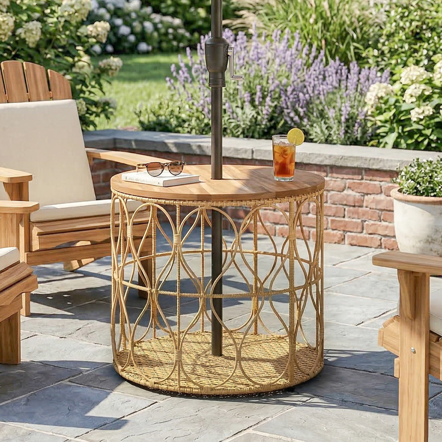 Outsunny Beistelltisch aus Akazienholz und Polyrattan in Braun, runder Gartentisch mit verstellbaren Füßen, Durchmesser: 50 cm, Höhe: 47,5 cm - Bild 2