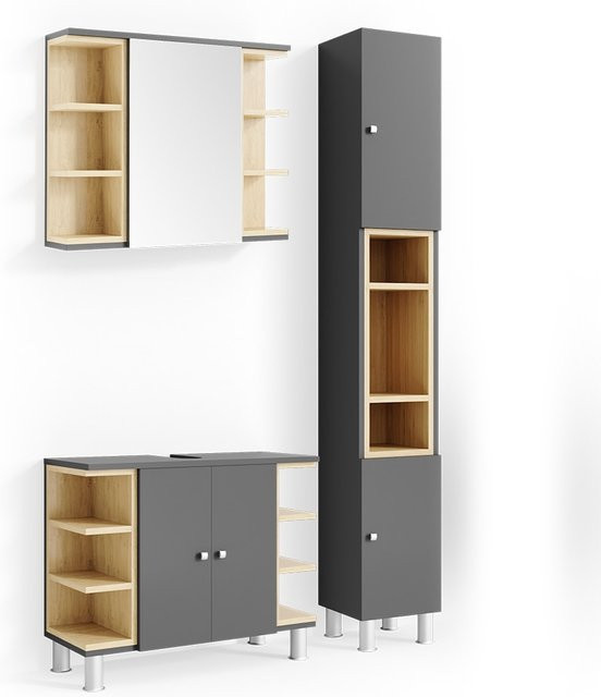 Vicco Badmöbel Set AQUIS in Anthrazit mit Hochschrank, Waschtischunterschrank und Spiegel - Bild 1