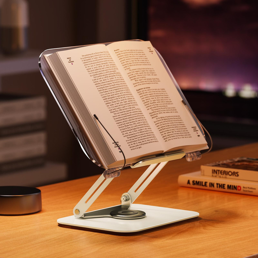 Bisofice Desktop Buchständer aus transparentem Acryl mit 360 Grad drehbarer Basis und Seitenklammern, faltbar - Bild 5