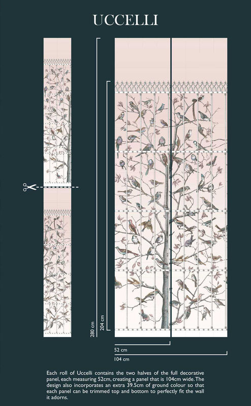Cole & Son Tapete Uccelli Ballet Slipper Mural mit floralem Design und Tieren in Multicolour und Pink, Vlies-Tapete, Breite: 104 cm, Höhe: 280 cm - Bild 3