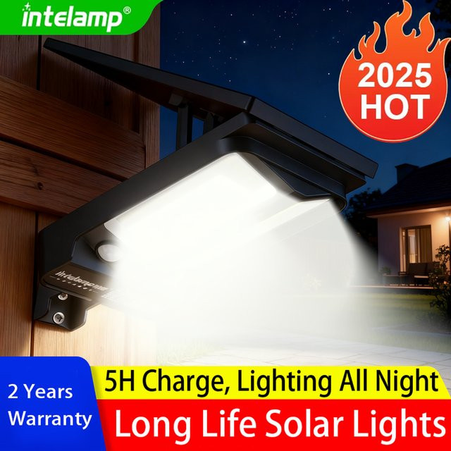 Intelamp Solar Außenleuchte mit Bewegungssensor und 1200 Lumen, IP66 wetterfeste LED Wandlampe für Garten und Weg, Schwarz - Bild 1