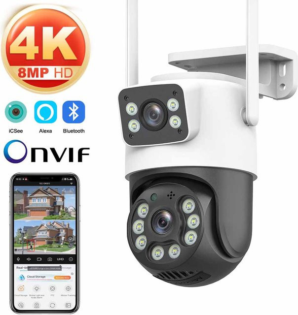 DDBROUGEN 4K 8MP WiFi-Überwachungskamera mit Dual-Objektiv, 4-fachem Digitalzoom, KI-Menschenerkennung und PTZ-Funktion für den Außenbereich in Weiß - Bild 1