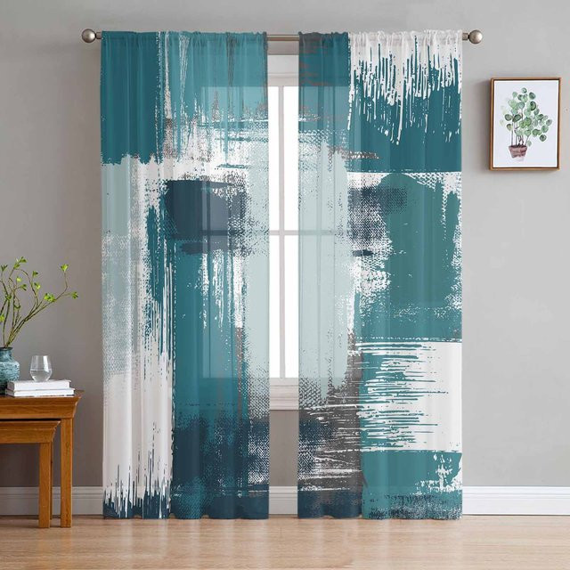 Geometrische abstrakte Ölgemälde-Gardine aus Organza in Grau, halbtransparentes Voile-Fensterdekoration für Wohnzimmer und Küche, Breite: 135 cm, Höhe: 115 cm - Bild 1