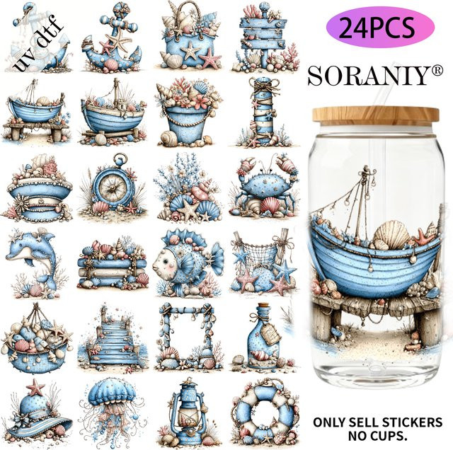 24er Set Aquarell-Aufkleber im nautischen Stil für 16oz Glaswasserflaschen, UV-DTF DIY-Transferaufkleber, Mehrfarbig - Bild 1