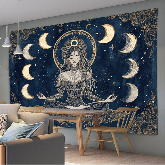 VIKAMA Wandteppich Meditation Mondlicht Fee mit Goldrahmen in Blau und Gold, Böhmische Wandkunst mit Sternenhimmel für dein Wohnzimmer, B/H: 60 x 40 cm - Bild 1