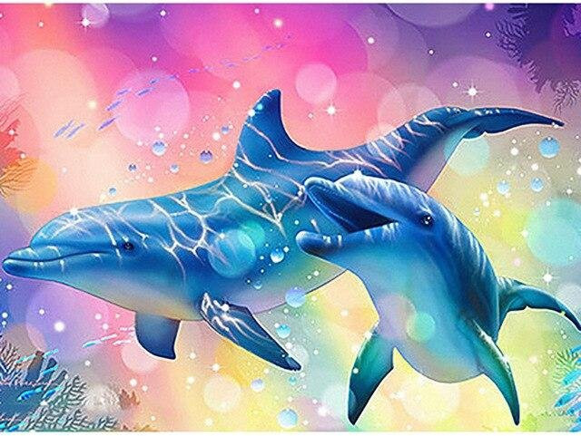 FIYO 5D-Diamant-Gemälde Delfin als DIY-Stickerei in Hellblau und Multicolour, Rechteckig, Breite: 30 cm, Höhe: 20 cm - Bild 1
