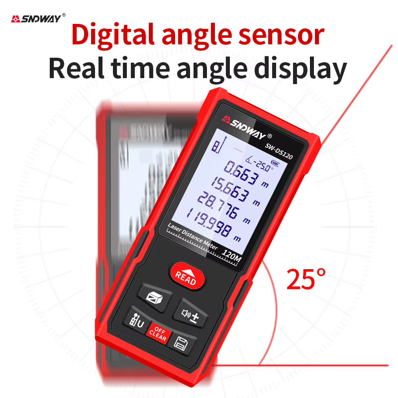 Sndway Digitales Laser-Entfernungsmesser in Rot zur Messung von Entfernung, Fläche und Volumen mit Selbstkalibrierung, Reichweite: 120 m - Bild 2