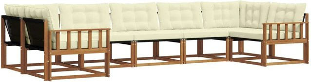 vidaXL Outdoor-Sofagarnitur 7-tlg. in L-Form aus Akazienholz mit Kissen und Textilene, Beige und Weiß - Bild 1