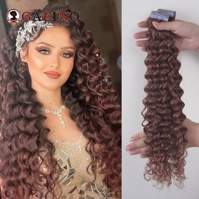 GAEINO Deep Wave Tape Haarverlängerung, 100 % Echthaar, braun, Damen - Bild 1