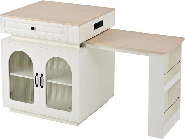 okwish Kücheninsel mit Rollen und Ausziehtisch in Weiß mit LED Beleuchtung und Steckdosenleiste, B/T/H: 128-200 x 71 x 92 cm - Bild 1