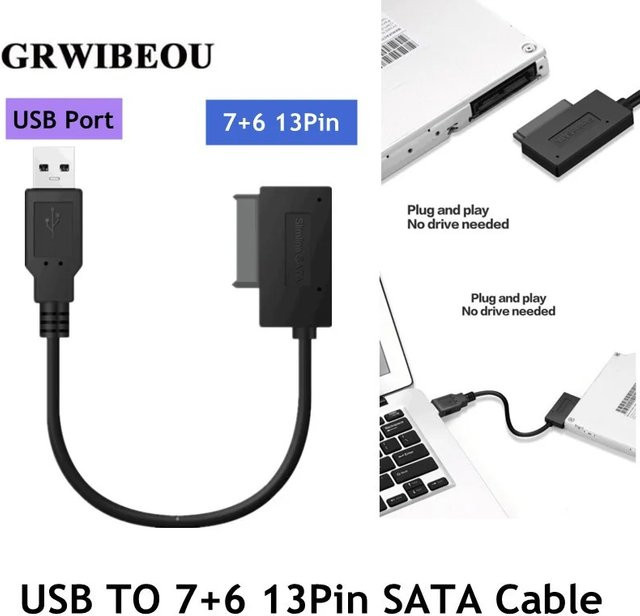 GRWIBEOU USB-Adapter für CD DVD Rom Slimline SATA 13-Pin zu USB 2.0 Konverter in Schwarz für PC Laptop Notebook - Bild 1
