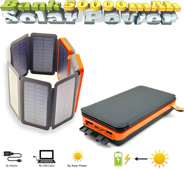 Rscrola Solar-Powerbank 50000mAh mit 4 Solarpanelen, kabelloses Ladegerät in Schwarz, kompatibel mit iPhone, Huawei, Xiaomi und Samsung - Bild 1