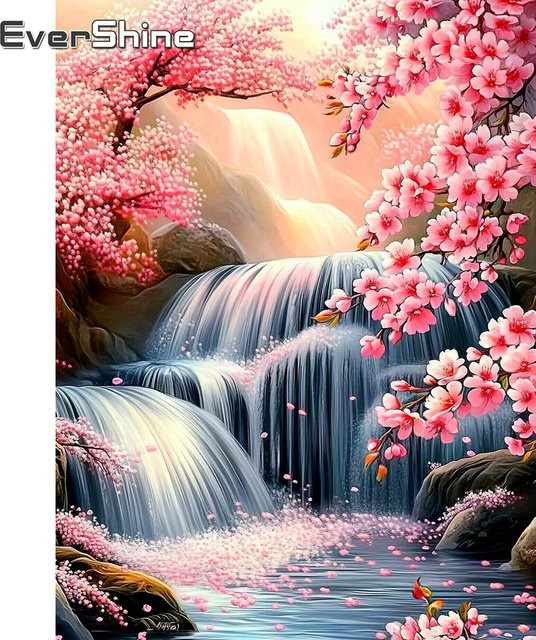 EverShine Diamant-Stickerei Landschaftsbild mit Wasserfall und Kirschblüten, quadratisches Strass-Mosaik-Gemälde zur Wanddekoration, Mehrfarbig, B: 30,0 cm, H: 30,0 cm, T: 20,0 cm - Bild 1