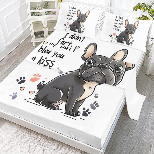 4-teiliges Bettwäsche-Set mit Französische Bulldogge Design von Your Warm Home, Farbe Weiß, Inhalt: 1 Bettbezug, 1 Bettlaken, 2 Kissenbezüge, B/H: 198 x 203 cm - Bild 1