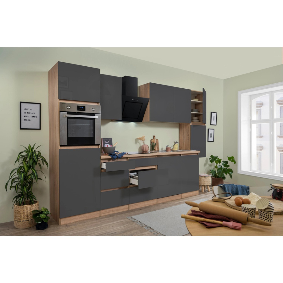 Respekta Küchenzeile GLRP330HESG puristisch, Grau Hochglanz Sonoma Eiche, B/T/H: 330 x 60 x 220,5 cm - Bild 2