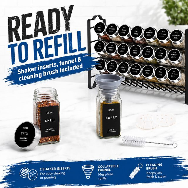 Saeiv 24-teiliges Gewürzgläser-Set mit Gewürzregal und Etiketten, transparente Glasbehälter mit 120 ml Fassungsvermögen inklusive Streuer und Zubehör zur Wandmontage oder Aufstellung auf der Küchenarbeitsplatte - Bild 1