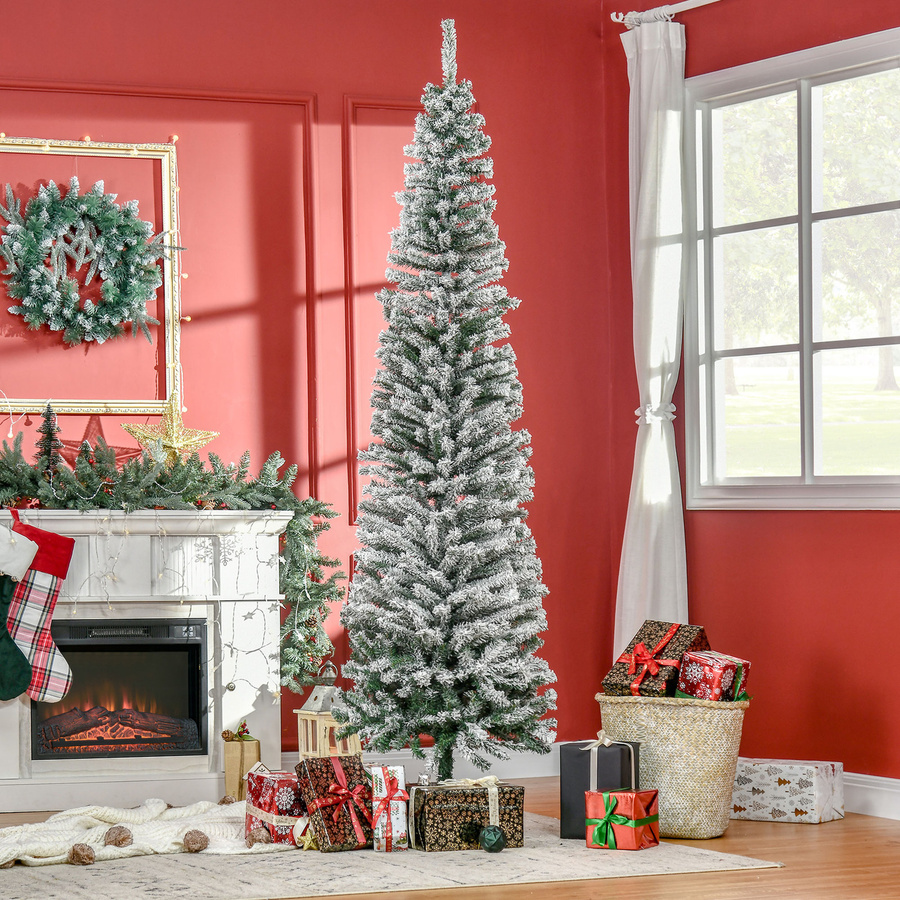 HOMCOM Künstlicher Weihnachtsbaum in schlanker Bleistift-Form, 225 cm, Grün/Weiß, Beflockter Kiefernbaum mit 738 Spitzen und Metallständer - Bild 2