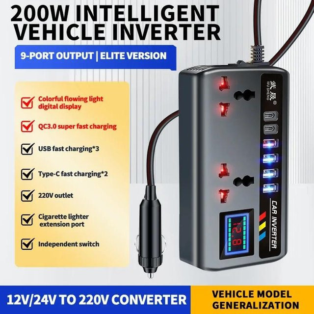 YJMP Tragbarer Auto-Wechselrichter DC 12V/24V auf AC 220V mit 3 USB-Anschlüssen und USB-C Schnellladefunktion in Schiefergrau - Bild 1