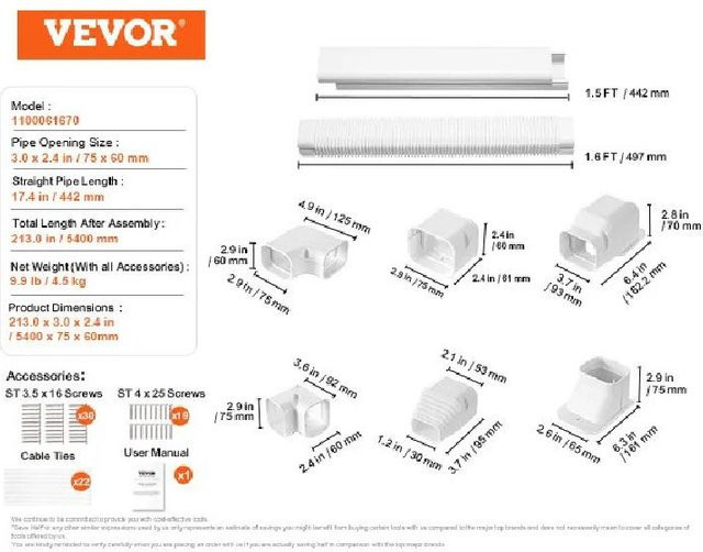 VEVOR Mini-Split-Leitungsset-Abdeckung aus PVC für Klimaanlagen und Wärmepumpen, weiß, Länge: 4,9 m - Bild 1