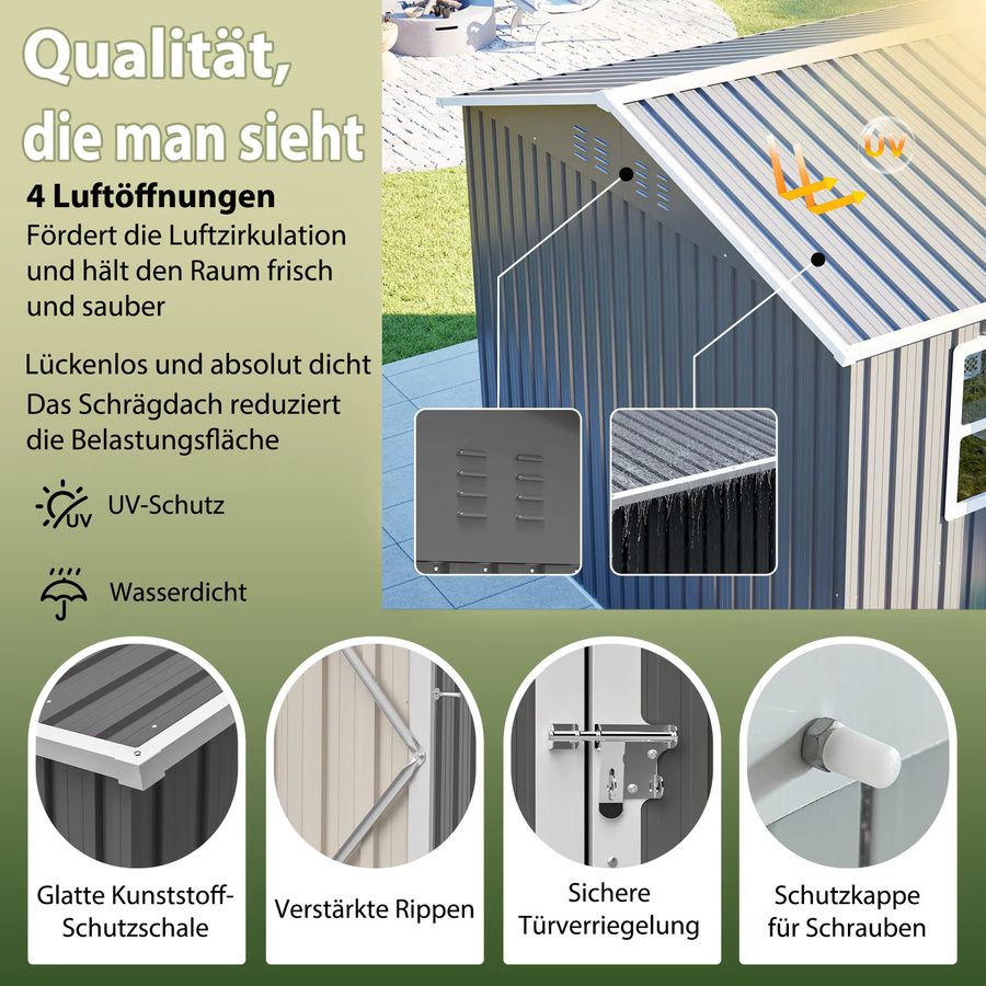 GIHAUVIA Outdoor-Gartenschuppen aus Stahl in Grau mit Fenster und abschließbaren Doppeltüren, wetterbeständiges Werkzeughaus mit Metallbodengestell, B/T/H: 311 x 230 x 201 cm - Bild 3