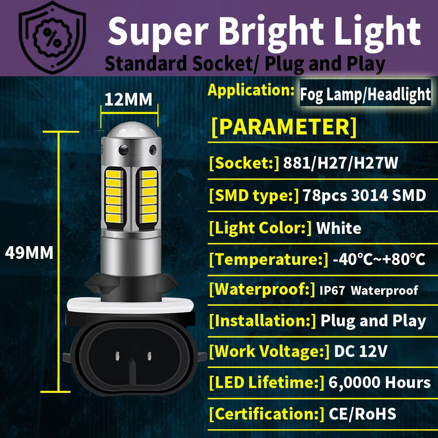 Neallor H27 880 LED Ersatzlampen für Auto-Nebelscheinwerfer, 2er-Set, Weiß 6000K, 30SMD 4014SMD, Silber - Bild 2
