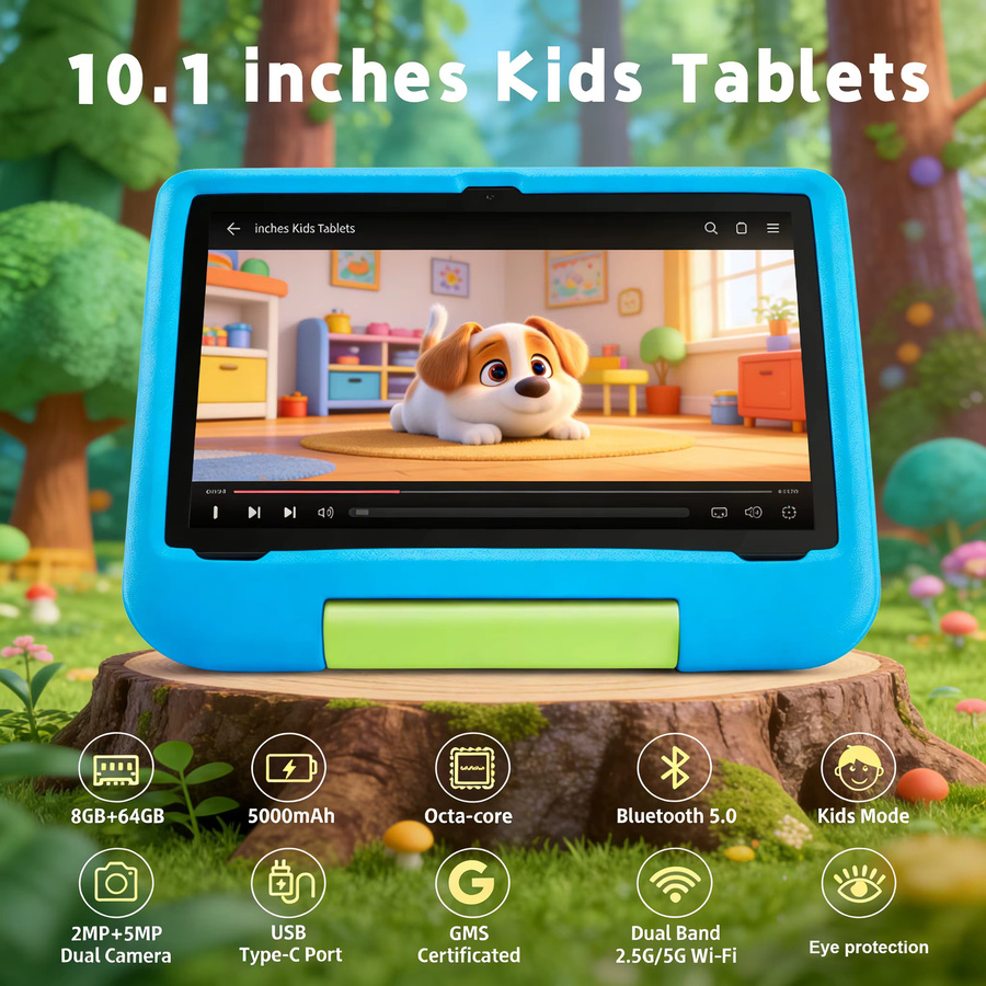 Paitanry Kinder-Tablet mit 10,1 Zoll HD IPS Bildschirm, Android 15, 8 GB RAM, 64 GB Speicher, Octa-Core, WiFi 6, 5000mAh Akku und sturzsicherer Hülle mit verstellbarem Ständer in Blau - Bild 3