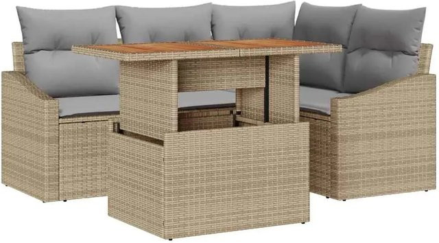 vidaXL 5-tlg. Garten-Sofa-Set in Beige aus Poly Rattan mit Ecksofa, Armsofas, Gartentisch und integriertem Sitzkissen-Speicher - Bild 1
