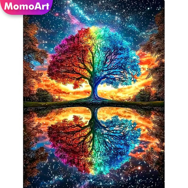 Momoart DIY-Diamant-Stickerei Set Sternenhimmel und Landschaft mit Baum als Wanddekoration, Mehrfarbig, B/H: 30 x 30 cm - Bild 1